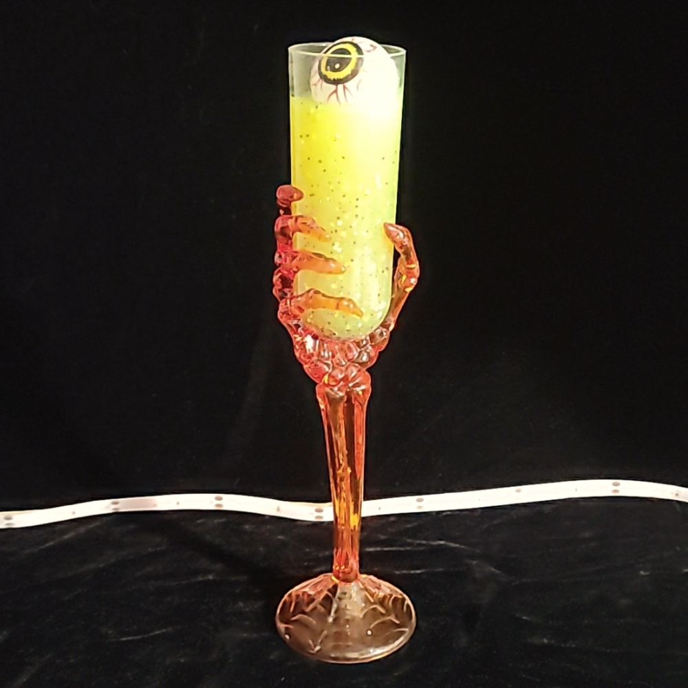 Faux Halloween Champagne Flute‎ w Eyeball  with Resin Drink / Glow in the Dark